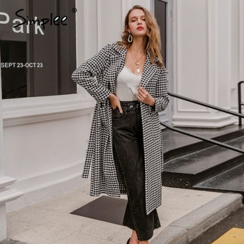 Simplee Fashion plaid wool coat women winter 2020 Houndstooth belt with pocket long coat Autumn warm thick tweed overcoat female